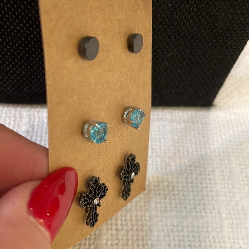 💐5/25 3 pair lot bundle black lace cross blue cz crystal stud black flat disc - Picture 2 of 8